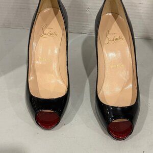 Christian Louboutin Peep Toe Patent Leather Red/ Black 3.5" High shoes sz 6
